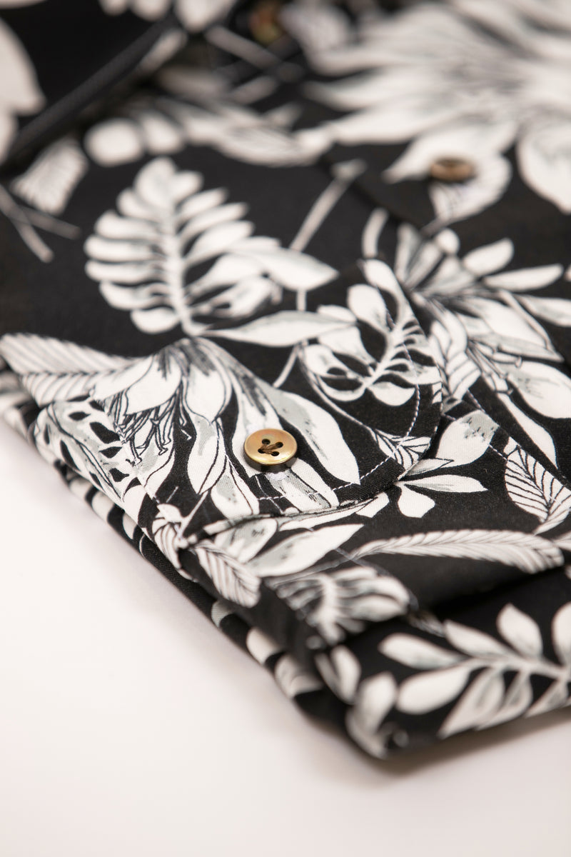 Hand-Tailored Sports Shirt - Black and White Floral Print