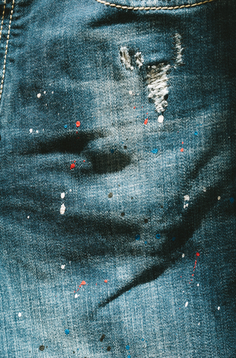 Slim Fit Bard Jeans - Paint Detail in Distressed Blue