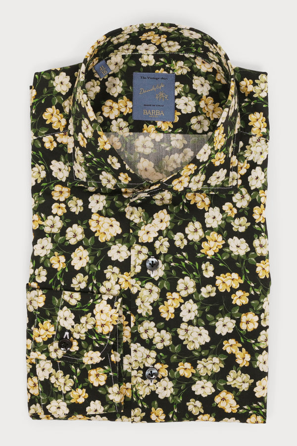 Hand-Tailored Sports Shirt - Blue & Green Floral Print